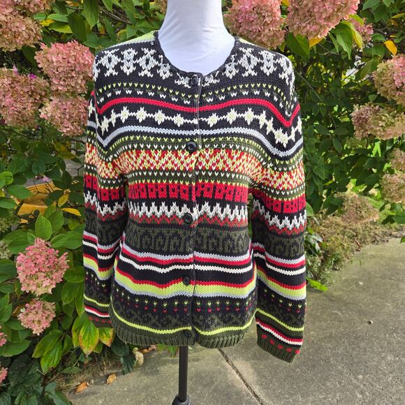 Field Gear Olive Green Multicolor Fair Isle Button Front Cardigan size Medium - Picture 1 of 13